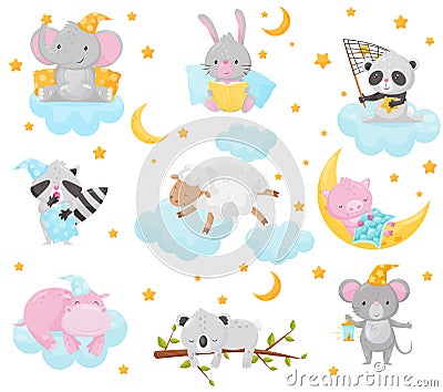 Cute little animals sleeping under a starry sky set, lovely elephant, bunny, panda, raccoon, sheep, piglet, hippo Vector Illustration