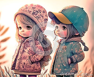 Cute little anime children, two girl, autumn watercolor painting, digital illustration, nursery art Cartoon Illustration