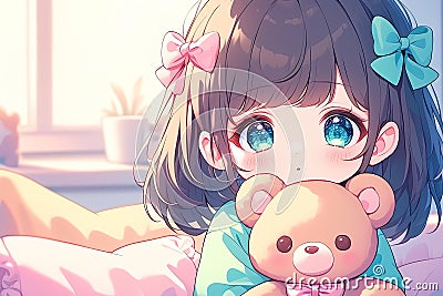cute little anime girl with black hair hugs a toy bear in room Stock Photo