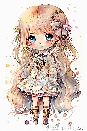 Cute little anime girl with long blond hair and blue eyes. Watercolor portrait on white background. Generative AI Stock Photo