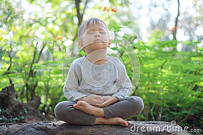 Cute little Asian 2 - 3 years old toddler baby boy child with eyes closed, barefoot practices yoga & meditating outdoors on nature Stock Photo