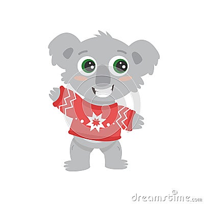 Cute little australian koala bear wombat big eyes waved paw and smiles in a red winter sweater with a pattern. cartoon Vector Illustration