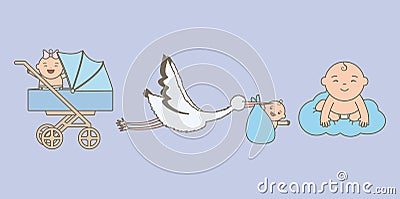 Cute little babies with stork and cart Vector Illustration