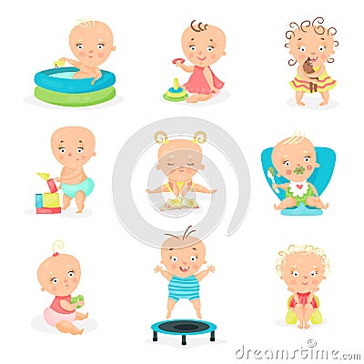 Cute little babies and their daily routine set. Happy smiling little boys and girls vector illustrations Vector Illustration