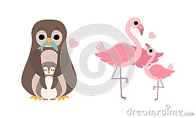 Cute Little Baby Birds and Their Moms Set, Adorable Penguin and Flamingo Families Cartoon Vector Illustration Vector Illustration