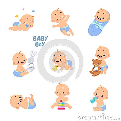 Cute Little Baby Boy or Infant in Diaper Vector Set Vector Illustration