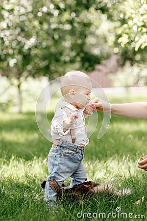 Cute little baby boy takes the first steps on the grass in summer, on a Sunny day, playing with a cat. Selective focus Stock Photo