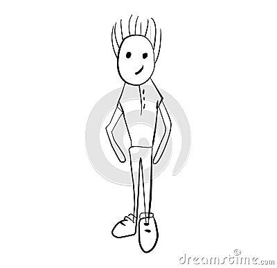 Cute little baby boy thinking standing on feet and holding a finger to his mouth. Sketch. Vector Illustration