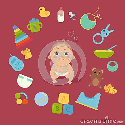 Cute little baby in diaper with newborn essentials Vector Illustration