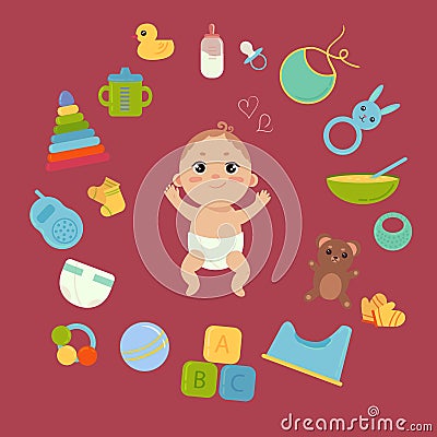 Cute little baby in diaper with newborn essentials Vector Illustration