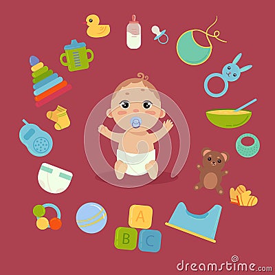 Cute little baby in diaper with newborn essentials Vector Illustration