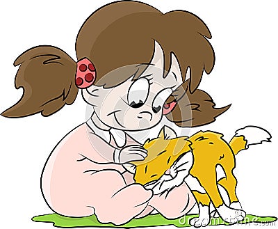 Cute little cartoon baby girl petting her cat vector illustration Vector Illustration