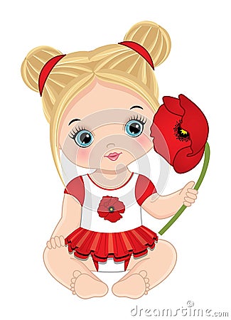 Vector Cute Blond Little Baby Girl with Poppy Vector Illustration