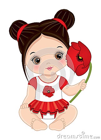 Vector Cute Dark-Haired Baby Girl with Poppy Vector Illustration