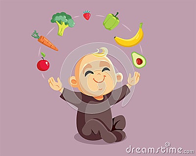 Cute Little Baby Juggling Fruits and Vegetables Vector Cartoon Vector Illustration