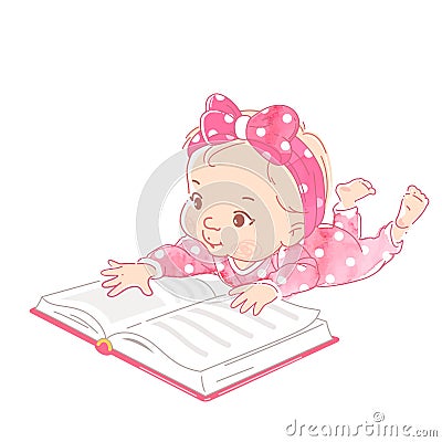 Cute little baby lay on stomach, reading book Vector Illustration