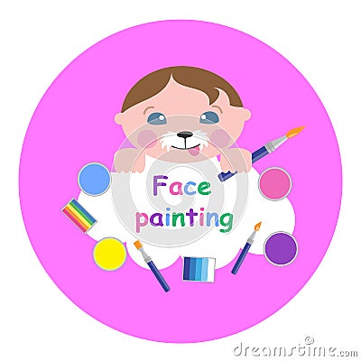 Cute little baby with makeup, paint and brush. Face painting banner. Vector illustration eps 10 Vector Illustration