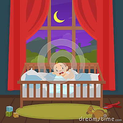 Cute Little Baby Sitting in the Bed and Crying at Night Vector Illustration Vector Illustration