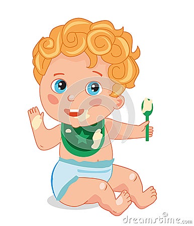 Cute Little Baby With A Spoon. Baby Eats Porridge. Vector Illustration