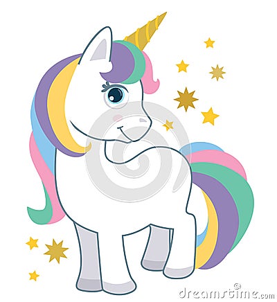 Cute Little Baby Unicorn with Rainbow Hair Isolated on White Cartoon Style Vector Illustration. Fantasy Animal Vector Illustration