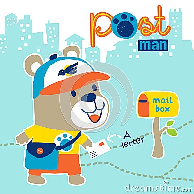 Cute little bear the funny postman Vector Illustration