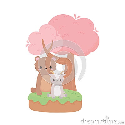 Cute little bear and goat sitting tree cartoon animals in a natural landscape Vector Illustration