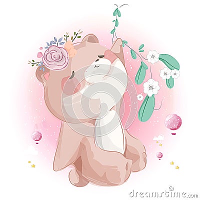 Cute little bear hanging in the clear sky Vector Illustration