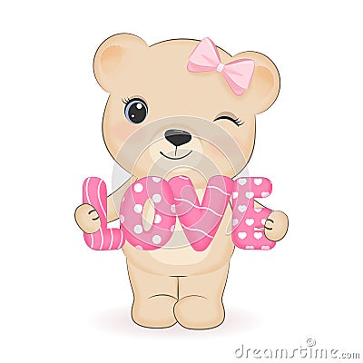 Cute Little Bear with love alphabet, Valentine`s day concept Vector Illustration