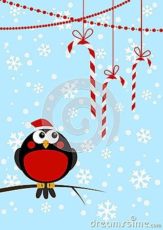 Cute little bird with Christmas candies Vector Illustration