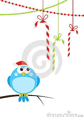 Cute little bird with Christmas candies Vector Illustration