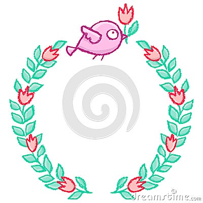 Cute little bird floral wreath Vector Illustration