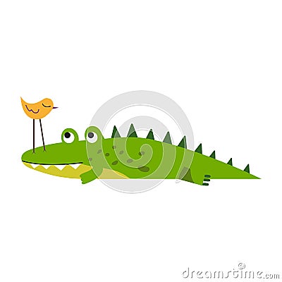 Cute little bird sitting on a crocodile nose vector Illustration Vector Illustration