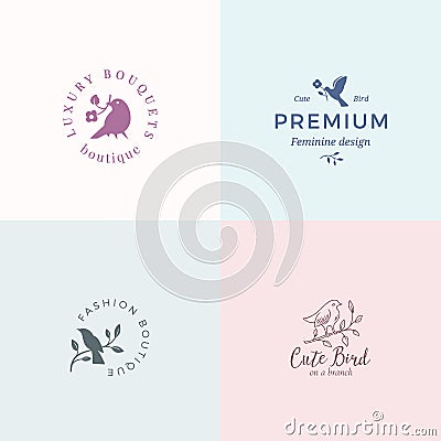 Cute Little Bird Vector Signs or Logo Templates Set. Classy Typography, Birds and Flowers. Premium Quality Feminine Vector Illustration