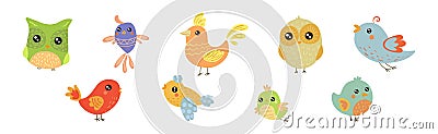 Cute Little Birdie with Colorful Feather Vector Set Vector Illustration