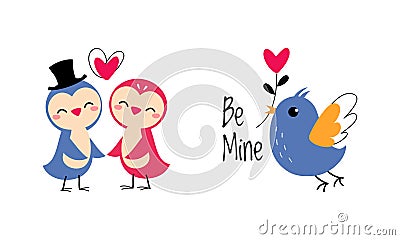 Cute Little Birdie Flying with Heart as Valentine Day Celebration Vector Set Vector Illustration