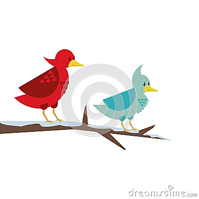 Cute little birds in tree dry branche Vector Illustration