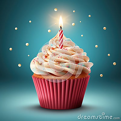 Cute Little Birthday Cupcake with Candle Clipart on White Background AI Generated Cartoon Illustration