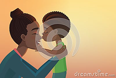 Cute little black african american boy kid kisses his happy mother cartoon vector illustration. Vector Illustration