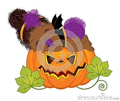 Cute Little Halloween African American Baby Girl Sleeping on Pumpkin. Vector Cute Halloween Pumpkin Vector Illustration