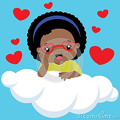 Cute Little Black Girl with glasses Sitting on a Cloud Vector Illustration