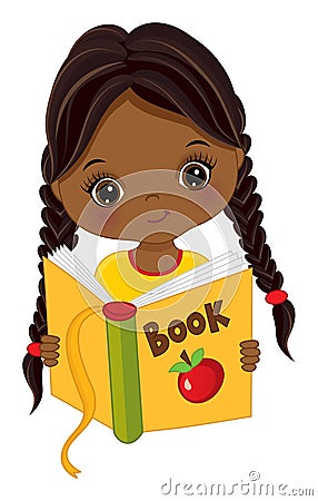 Vector Cute African American Girl Reading Book. Vector Little Girl with Book Vector Illustration