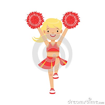 Cute little blond cheerleader girl dancing with red pompoms. Colorful cartoon character vector Illustration Vector Illustration
