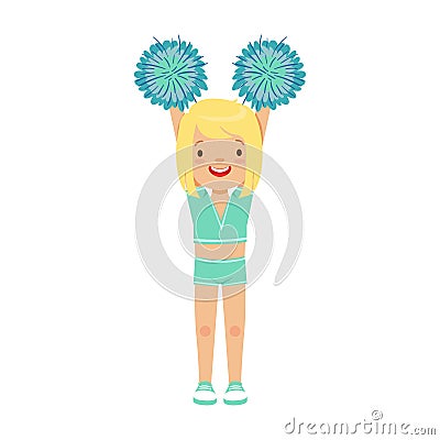 Cute little blond girl dancing with blue pompoms. Colorful cartoon character vector Illustration Vector Illustration