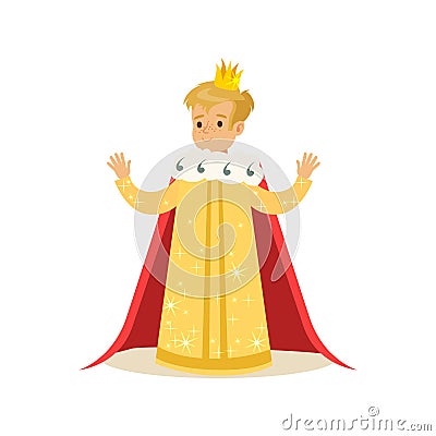 Cute little blonde boy wearing a king costume, fairytale costume for party or holiday vector Illustration Vector Illustration