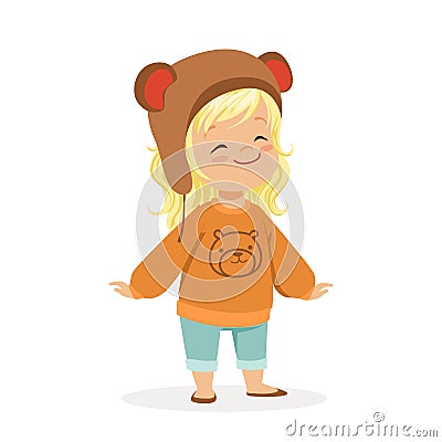 Cute little blonde girl dressed in a brown bear hat and a sweater with teddy bear colorful cartoon character Vector Illustration