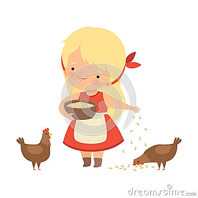 Cute Little Blonde Girl Feeding Hens with Corn, Adorable Kid Caring for Animal at Farm Cartoon Vector Illustration Vector Illustration