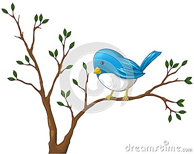 Cute little blue bird on the branch of tree Vector Illustration