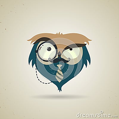 Cute little blue and grey cartoon hipster owl Vector Illustration