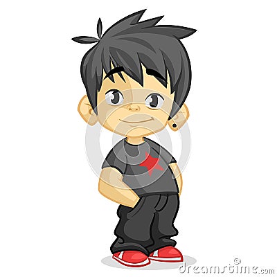 Cute little boy with black hair dressed in black standing and smiling. Vector cartoon kid character with hands in pockets Vector Illustration