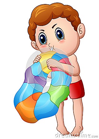 Cute Little Boy Blowing an inflatable ring Vector Illustration